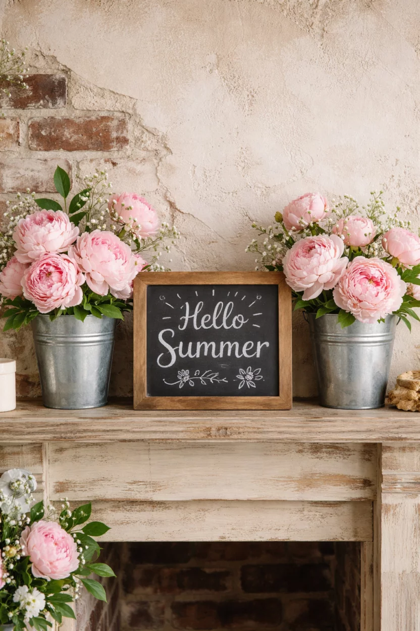 A realistic photo of a rustic mantel holding two galvanized zinc buckets filled with blooming pink peonies and a small wooden chalkboard with a handwritten 'Hello Summer' message.