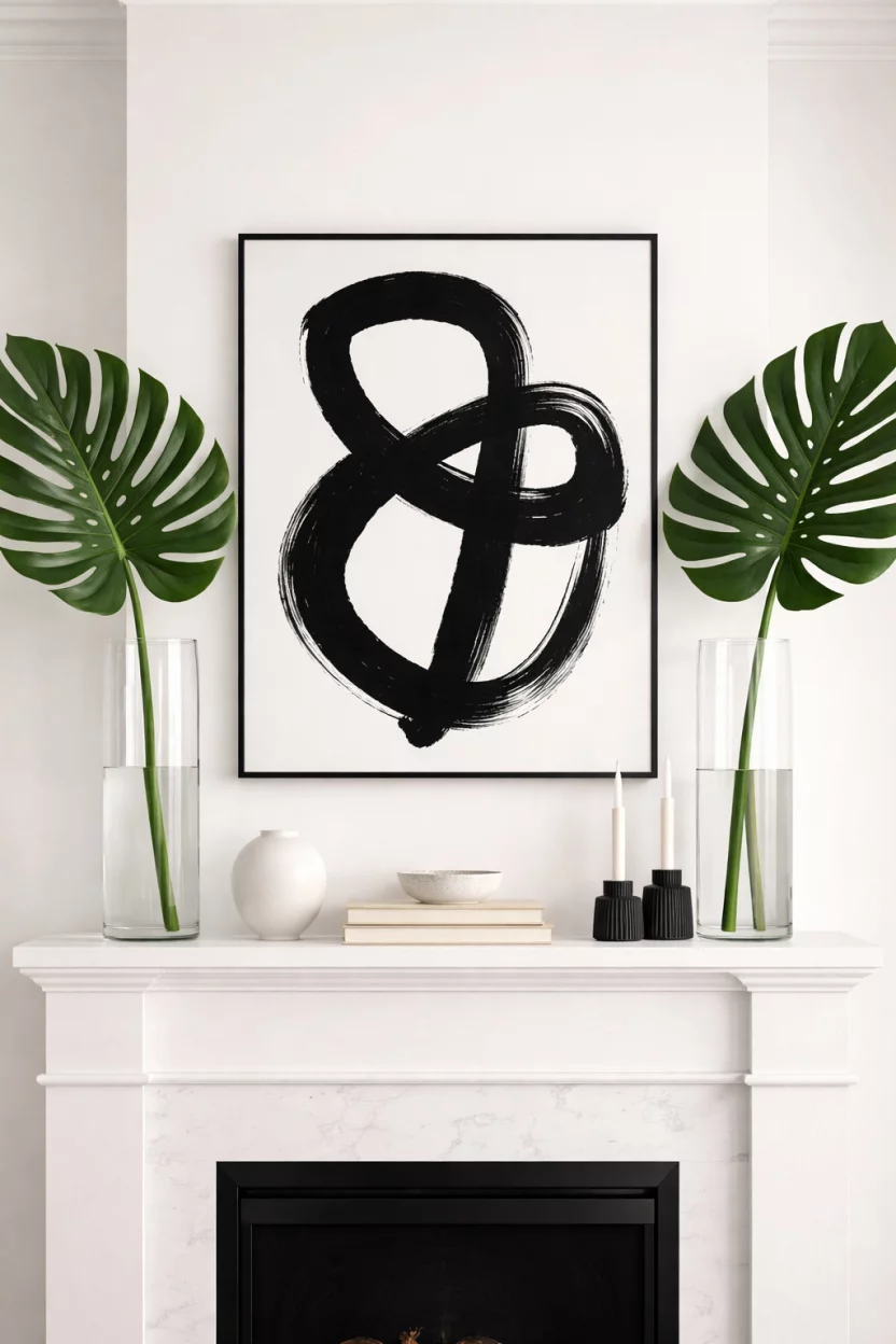 A realistic photo of a modern mantel with two tall clear glass floor vases holding oversized green monstera leaves and a single bold black and white abstract print.