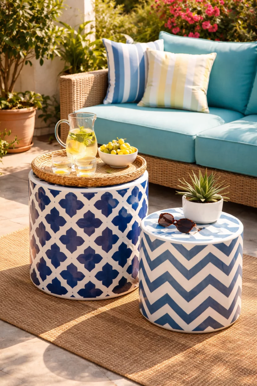A realistic photo of a sunlit patio with two small round ceramic side tables, bold blue and white geometric patterns, sitting next to a turquoise outdoor sofa with plush cushions.