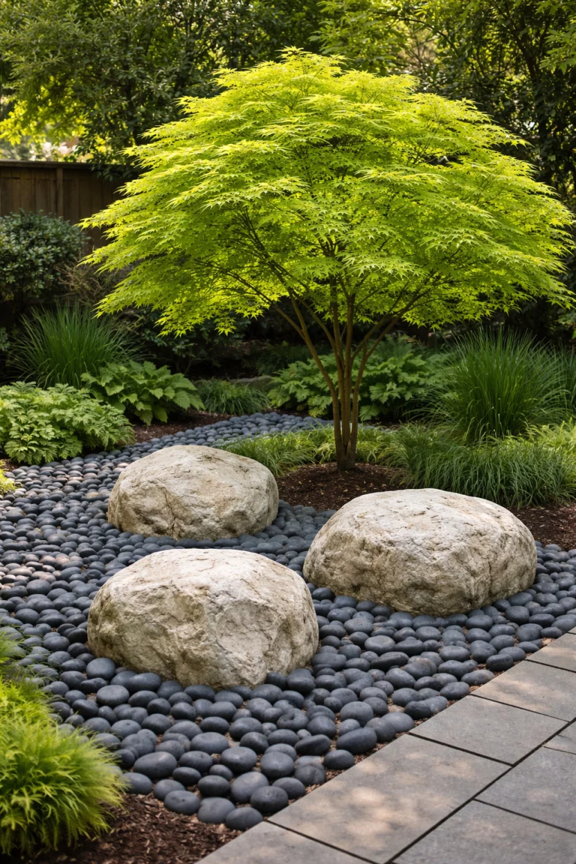 A realistic photo of a garden section with smooth charcoal grey river rocks, three large round limestone boulders accenting the space, and a single bright green Japanese maple tree.