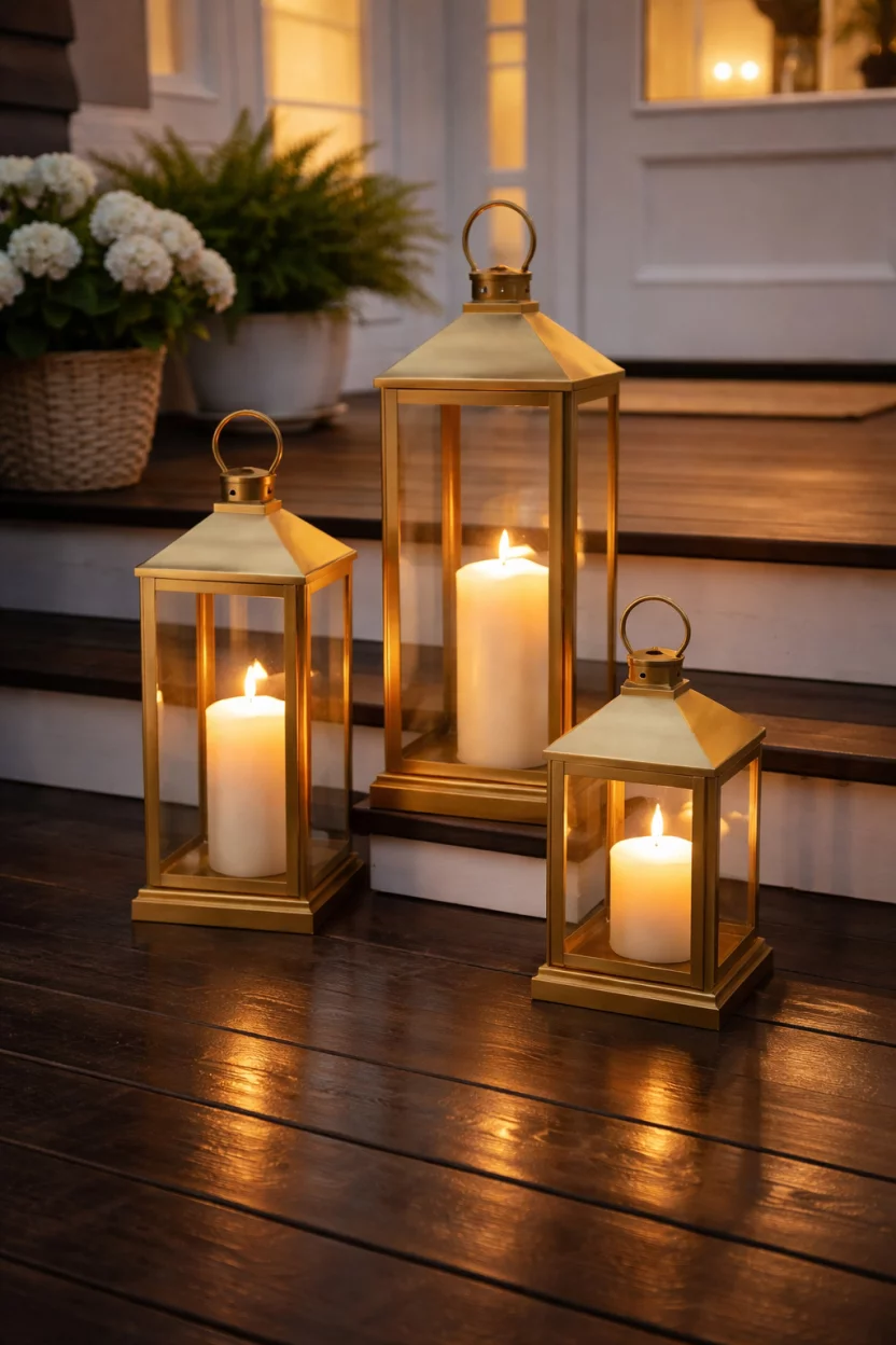 A realistic photo of a contemporary porch steps with three varying sizes of brushed brass lanterns, containing large white flickering LED candles, reflecting on the dark wood porch floor.