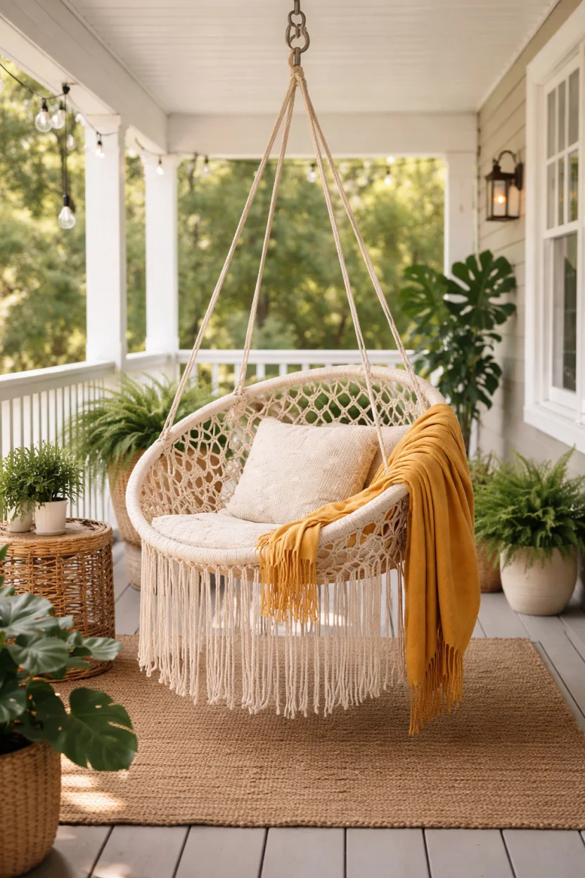 A realistic photo of a covered porch featuring an off white cotton macrame hanging chair with long fringe, suspended from a sturdy ceiling hook, decorated with a mustard yellow throw blanket.