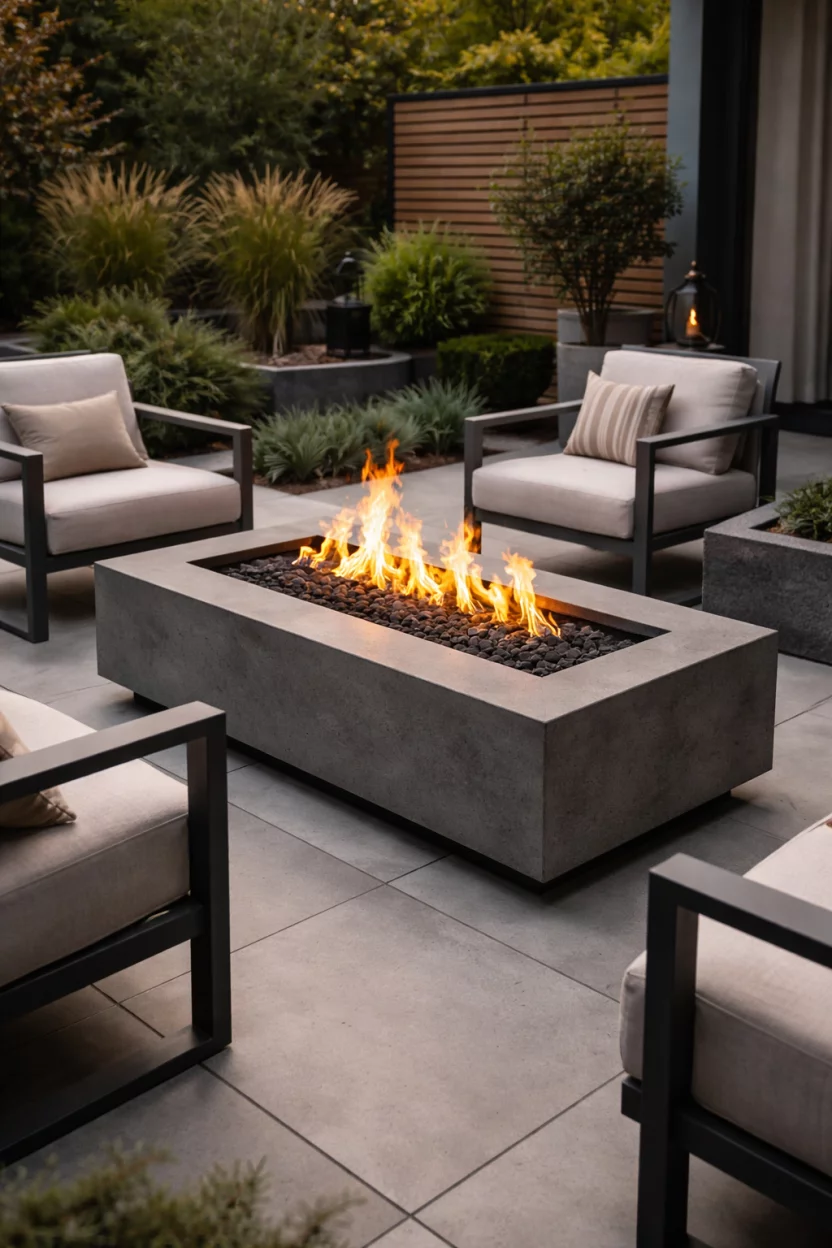 A realistic photo of a modern patio featuring a rectangular grey concrete fire table, a vibrant orange flame dancing over black lava rocks, surrounded by sleek minimalist outdoor armchairs.