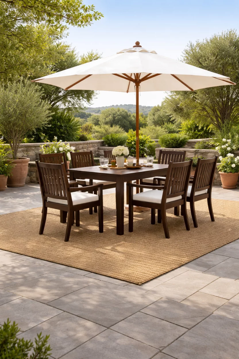 A realistic photo of a large beige woven seagrass outdoor rug on a stone patio, a dark wood dining set sitting on top, with a large white umbrella providing shade in the background.