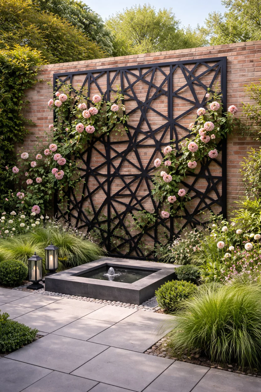 A realistic photo of a modern garden with a large geometric iron trellis, black laser cut metal pattern, leaning against a brick wall with climbing pink roses weaving through the gaps.