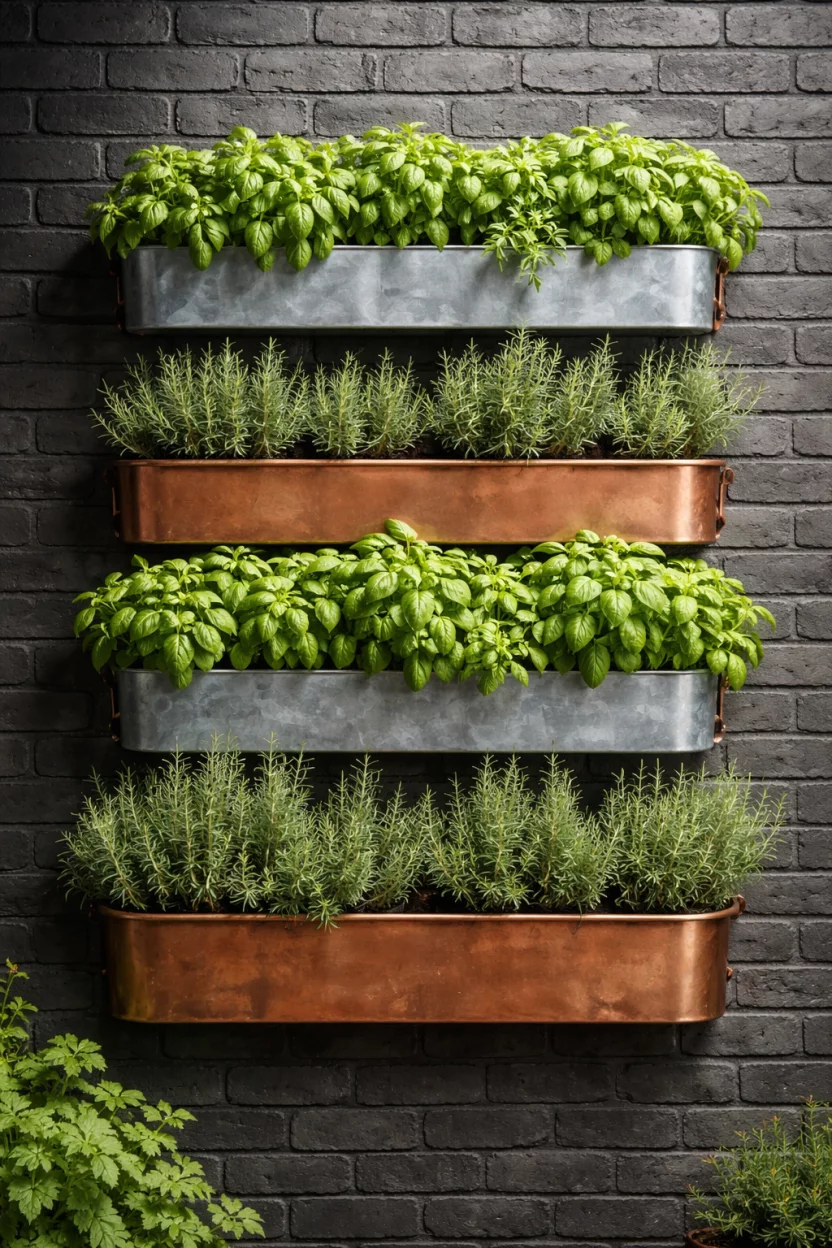 A realistic photo of a patio wall featuring tiered copper and galvanized steel herb planters, overflowing with bright green basil and rosemary, mounted against a dark charcoal grey brick wall.