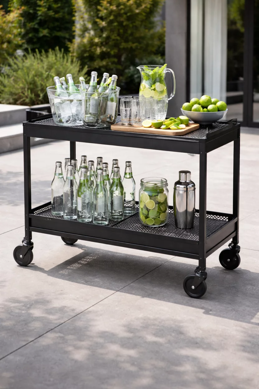 A realistic photo of a black metal industrial bar cart on wheels, stocked with clear glass bottles and bright green lime slices, rolling across a light grey concrete patio.