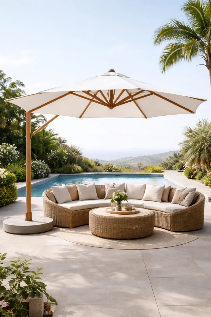 A realistic photo of a high end patio with a large white canvas cantilever umbrella, a light wood pole and base, shading a circular wicker sitting area.