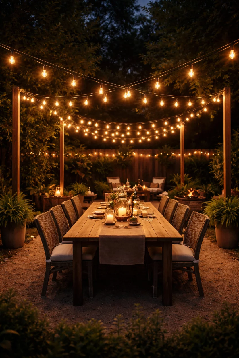 A realistic photo of a backyard at night with warm yellow solar edison bulb string lights crisscrossing above a dining area, hanging from sturdy wooden poles, illuminating a long wooden table.
