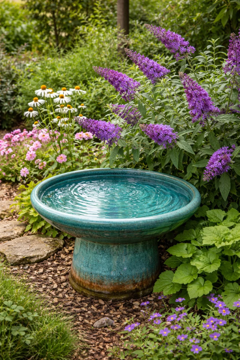 A realistic photo of a garden corner with a handmade turquoise glazed clay bird bath, water glistening on the surface, positioned next to a flowering purple butterfly bush.