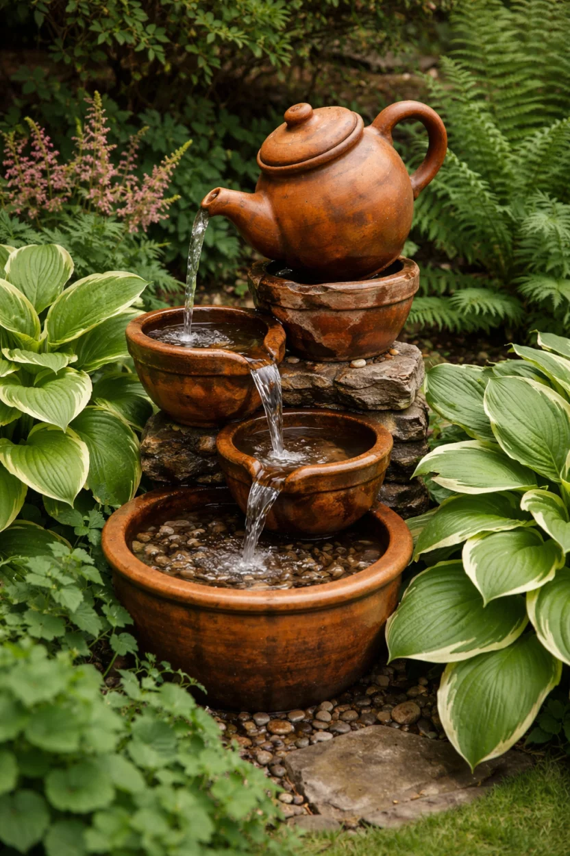 A realistic photo of a small garden corner with a tiered terracotta teapot water fountain, water gently spilling from a large orange pot into smaller basins, surrounded by lush green hostas.
