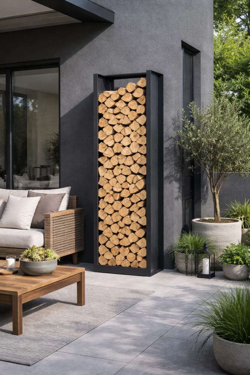 A realistic photo of a modern outdoor patio with a tall vertical black steel firewood rack, neatly stacked logs of light oak wood, positioned next to a dark grey exterior wall.