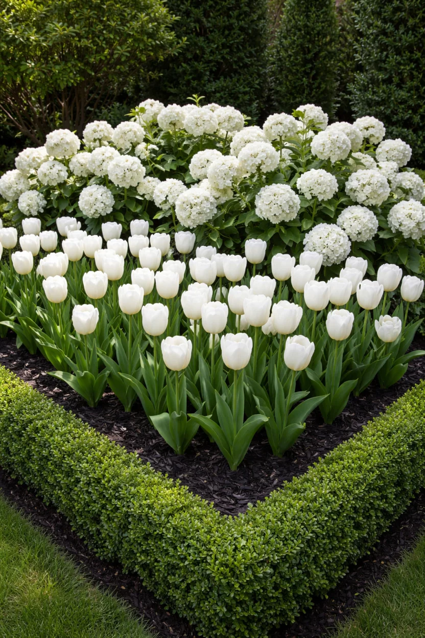 A realistic photo of a garden bed filled exclusively with white tulips and white hydrangea bushes, surrounded by a border of dark green boxwood hedges and black mulch.