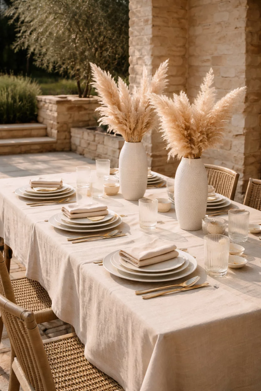A realistic photo of a limestone patio with a beige linen tablecloth, cream colored dinnerware, clear ribbed tumblers, and dried pampas grass in tall white ceramic vases.