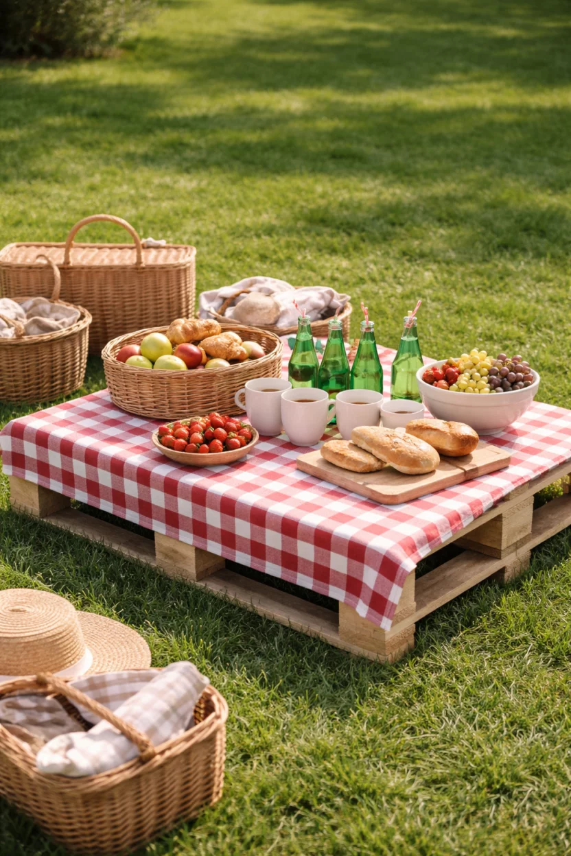 A realistic photo of a grassy lawn with a low wooden pallet table covered in a red and white checkered cloth, wicker baskets, vintage green glass soda bottles, and ivory ceramic mugs.