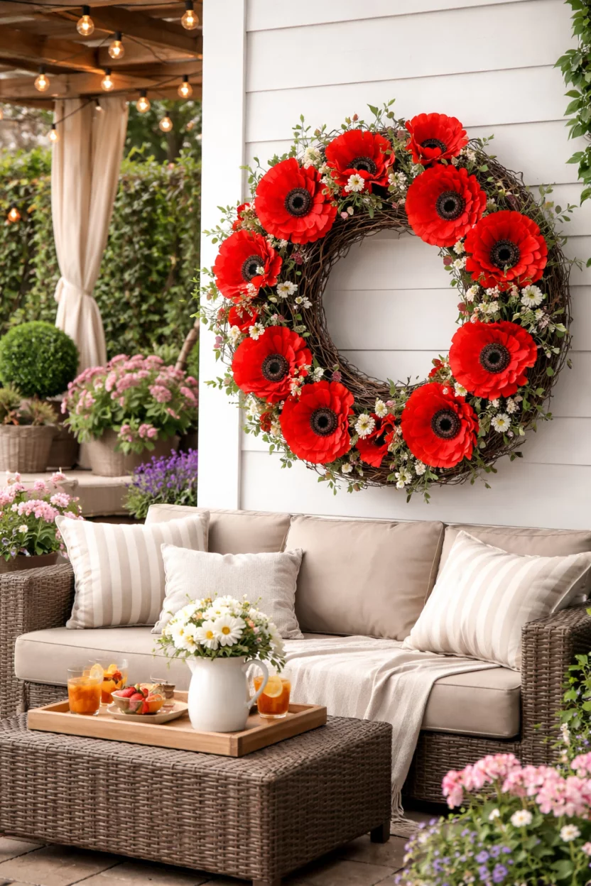 A realistic photo of a backyard patio with a wreath of bright red poppies on a dark brown wicker base.