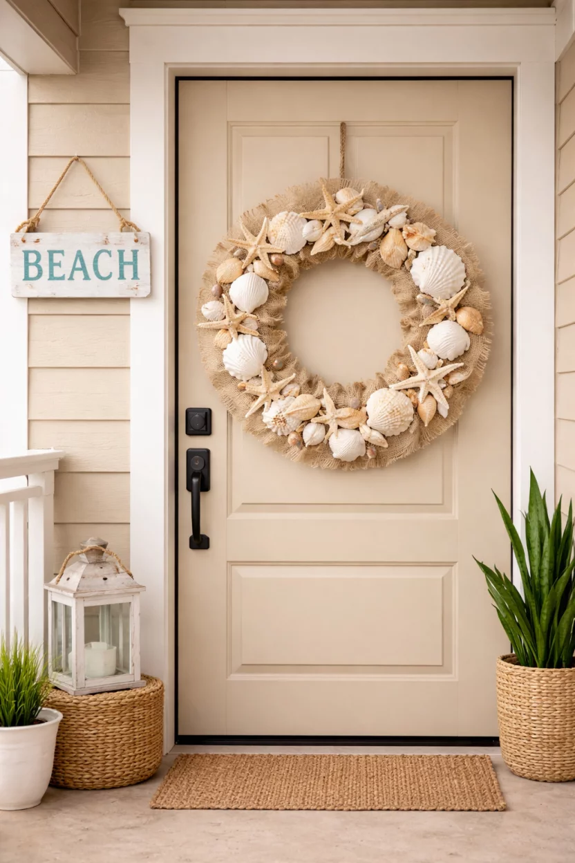 A realistic photo of a beach condo door with a wreath covered in white and tan seashells over a sand colored burlap wrap.