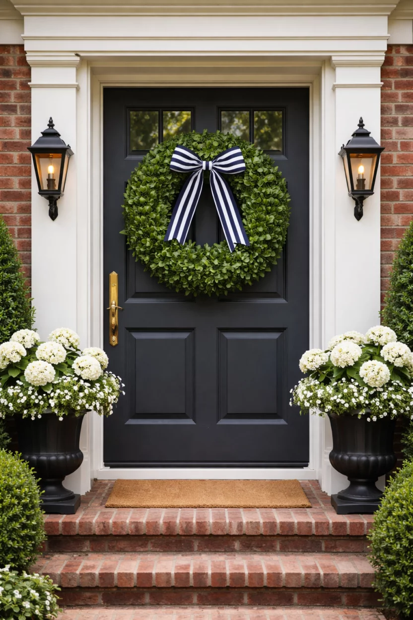 A realistic photo of a classic brick house entry with a round dark green boxwood wreath featuring a large navy and white striped grosgrain ribbon.