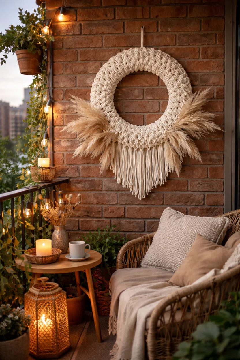 A realistic photo of a cozy apartment balcony showing a cream cotton macrame wreath hanging on a brick wall with plumes of tan pampas grass.