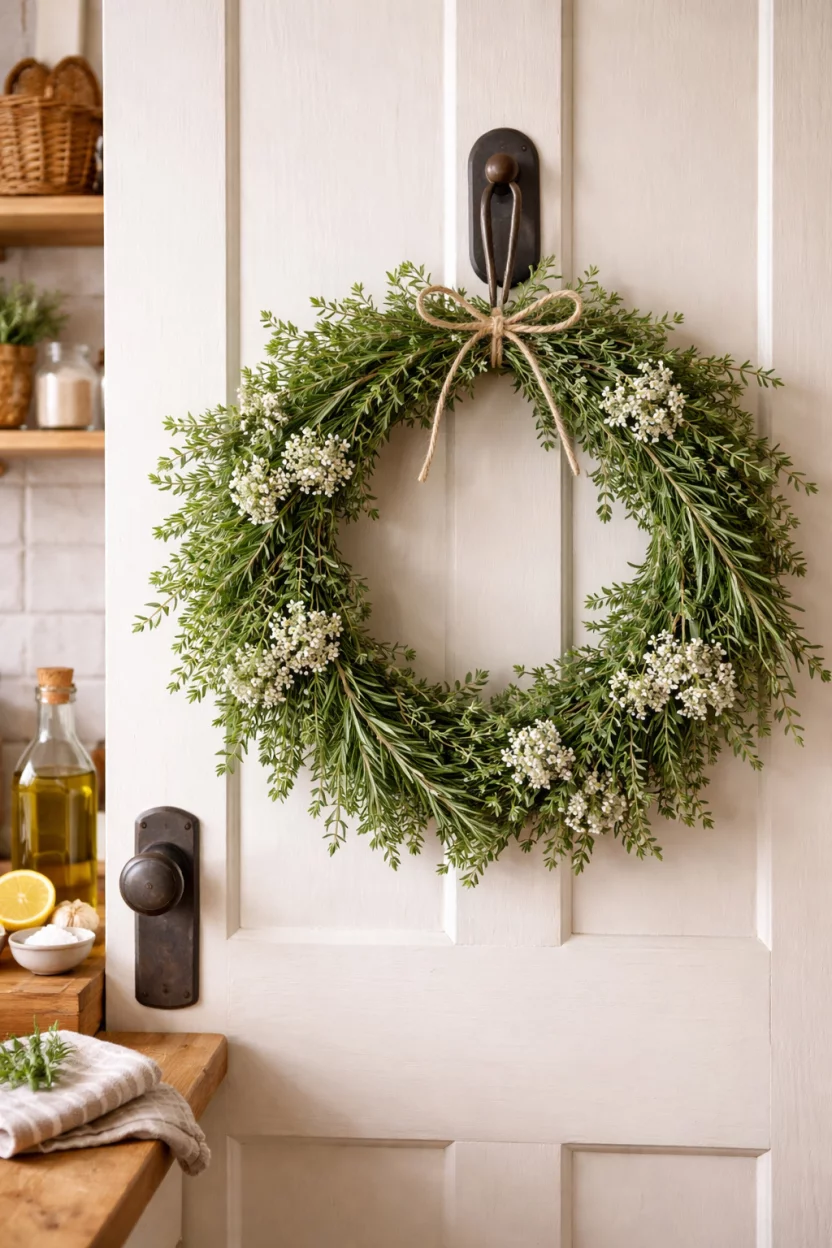 A realistic photo of a kitchen door with a wreath made of fresh green rosemary sprigs, thyme, and small bunches of white oregano flowers.