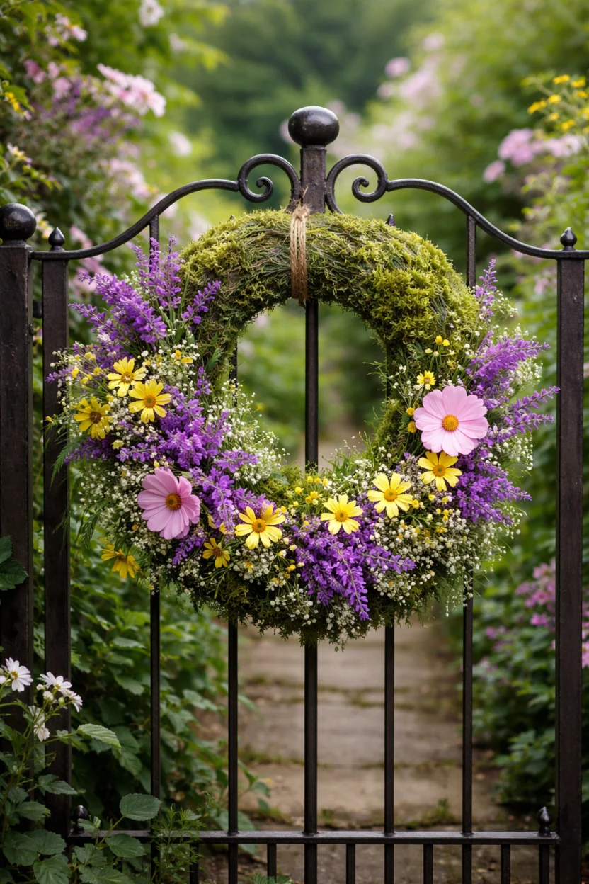 A realistic photo of a garden gate holding a thick green moss wreath overflowing with purple lavender, yellow daisies, and pink cosmos.