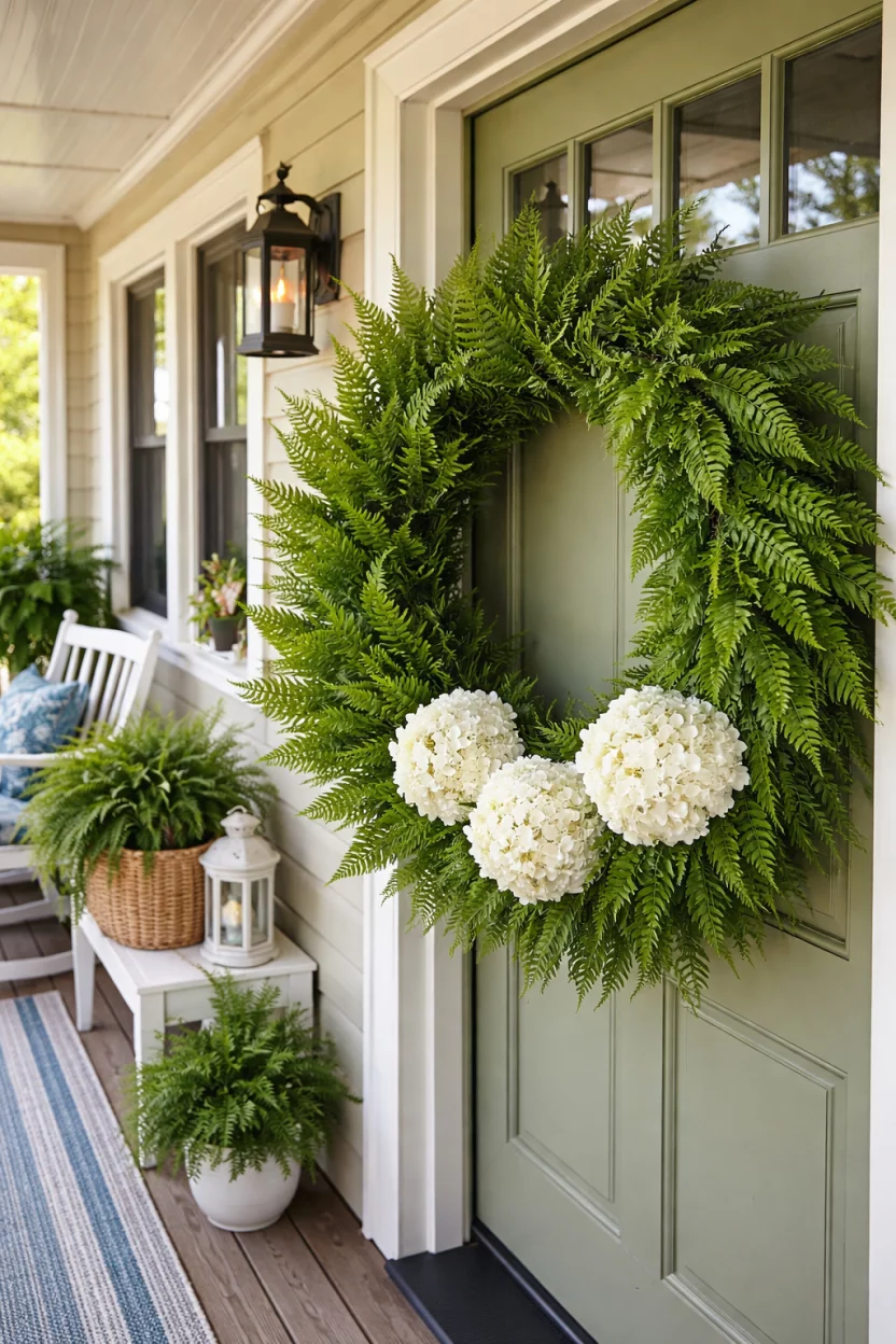 A realistic photo of a shaded porch with a large wreath made of emerald green fern fronds and three large white hydrangea blossoms.