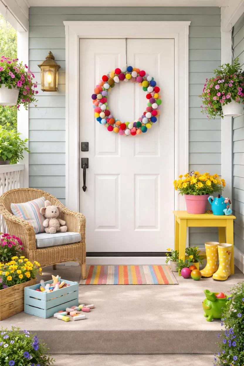 A realistic photo of a child friendly front porch featuring a wreath made of many colorful wool felt pom poms on a thin silver wire.