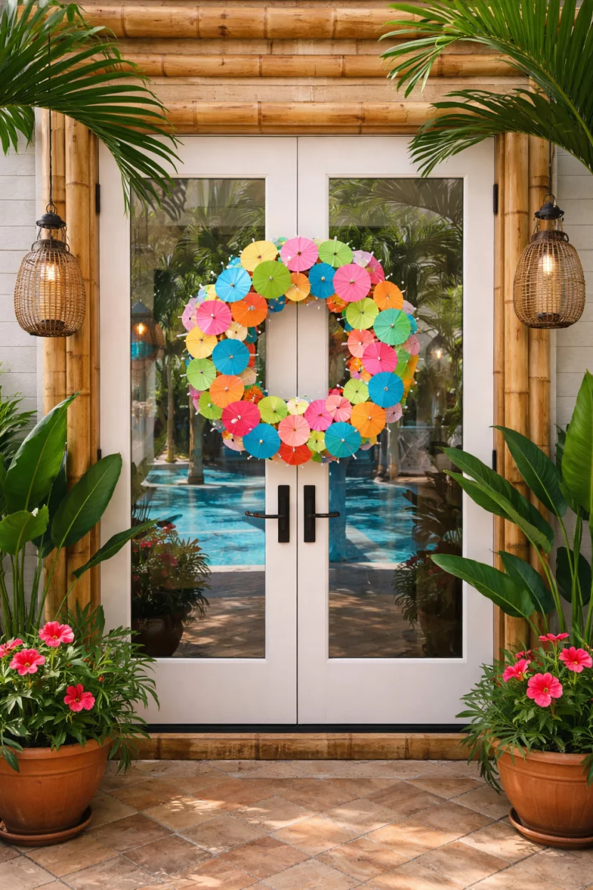 A realistic photo of a festive pool house door with a wreath made of many tiny colorful paper umbrellas on a light tan bamboo frame.