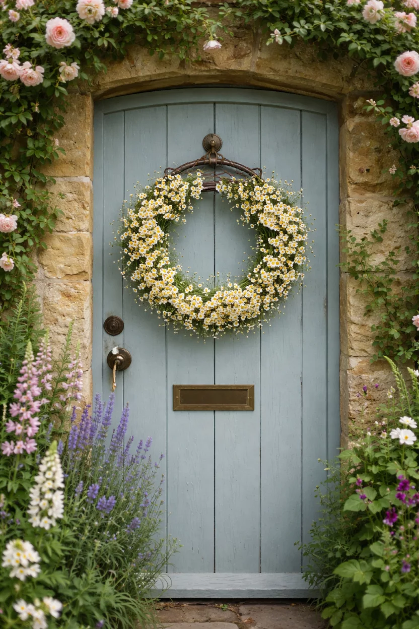 A realistic photo of a cottage garden door featuring a wreath of many small white and yellow daisies woven into a dark brown rusted wire hoop.