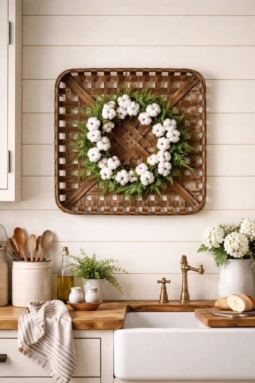 A realistic photo of a farmhouse kitchen wall with a flat square brown tobacco basket holding a small wreath of white cotton bolls and green fern.