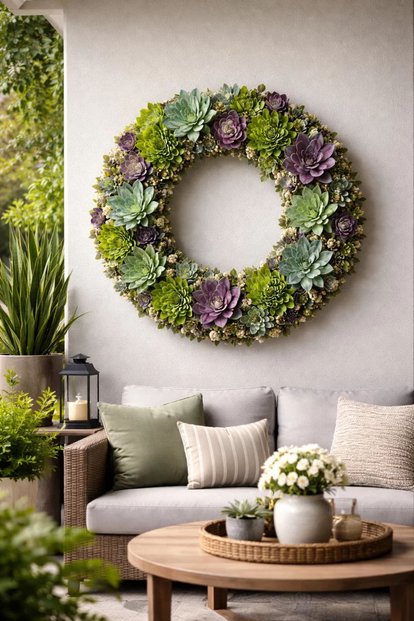 A realistic photo of a contemporary patio featuring a wreath covered in varied green and purple faux succulents with small pebbles.