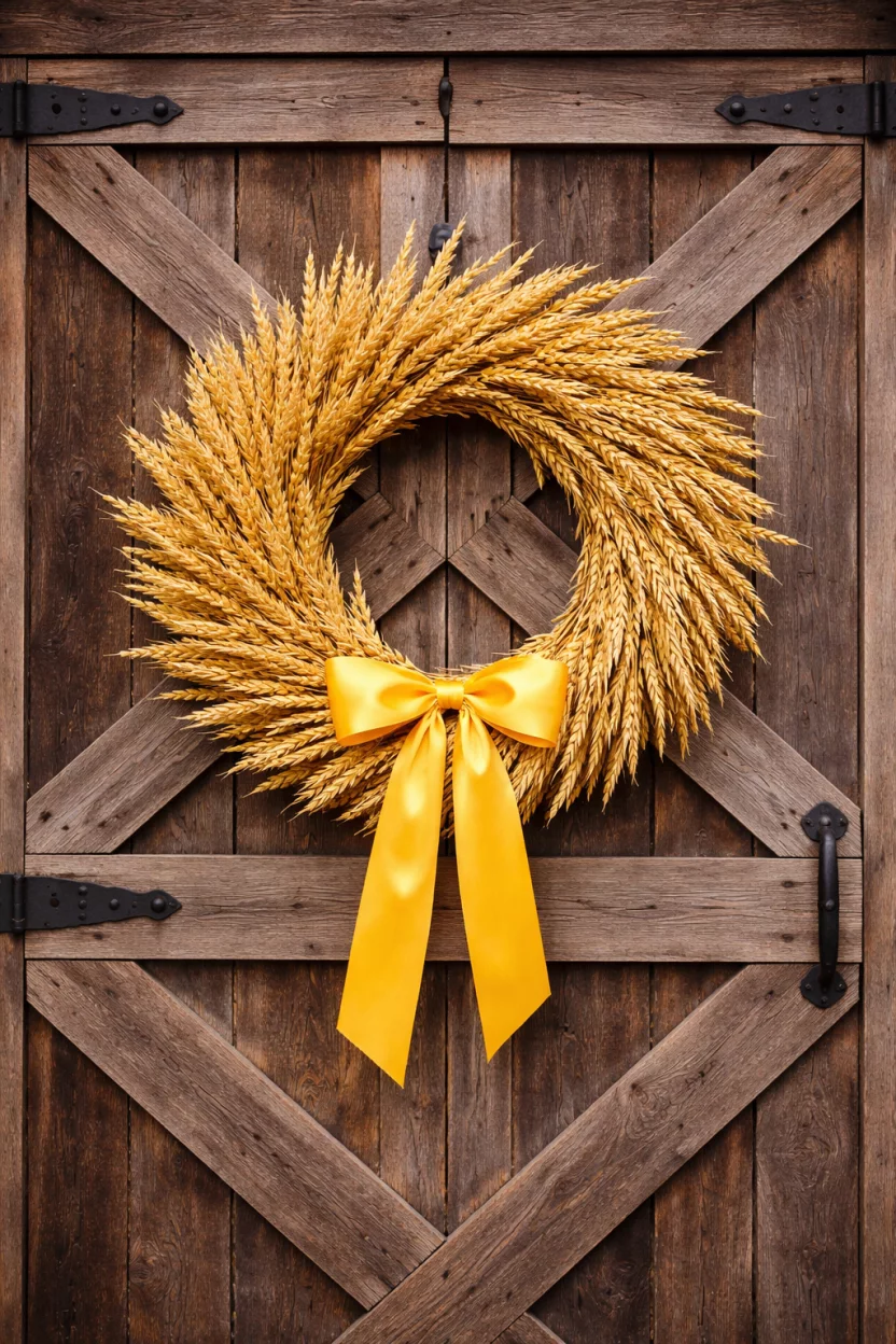 A realistic photo of a wooden barn door with a wreath of golden yellow dried wheat stalks tied with a bright yellow silk ribbon.
