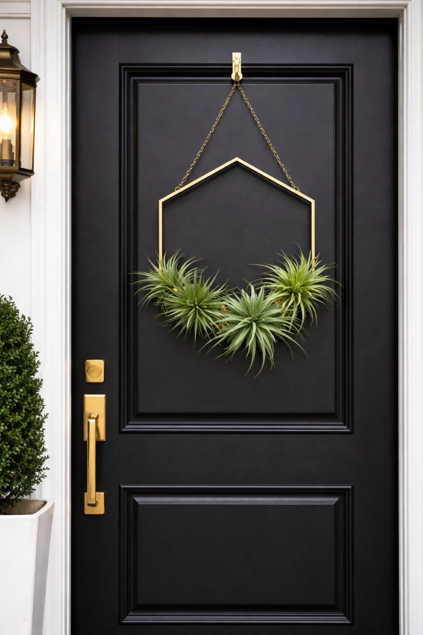 A realistic photo of a sleek black front door with a gold hexagonal metal frame wreath holding several green air plants.