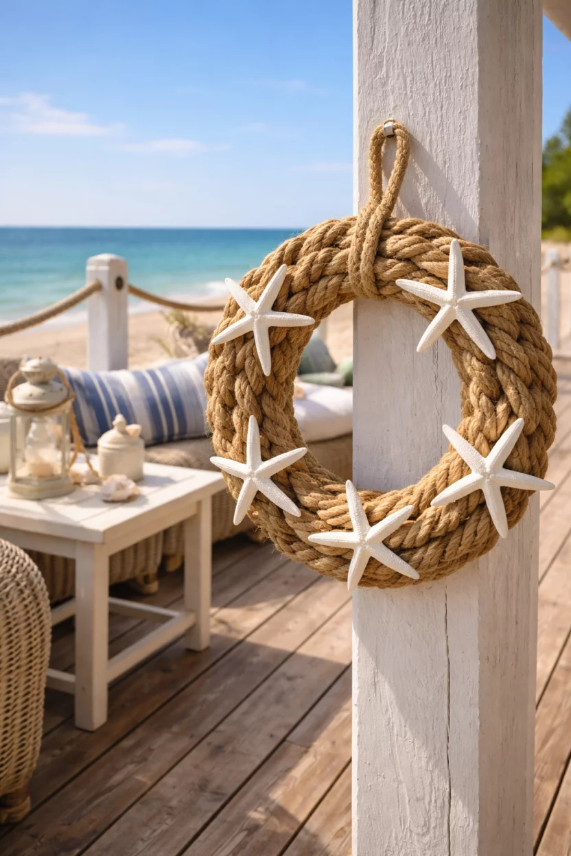 A realistic photo of a seaside deck with a wreath made of thick tan manila rope accented with several white resin starfish.