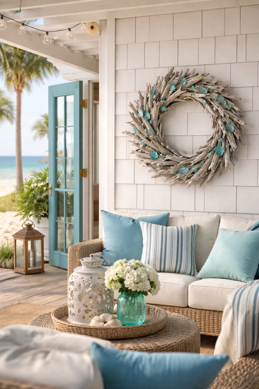 A realistic photo of a beach house patio featuring a wreath made of weather worn gray driftwood pieces accented with small translucent turquoise sea glass fragments.