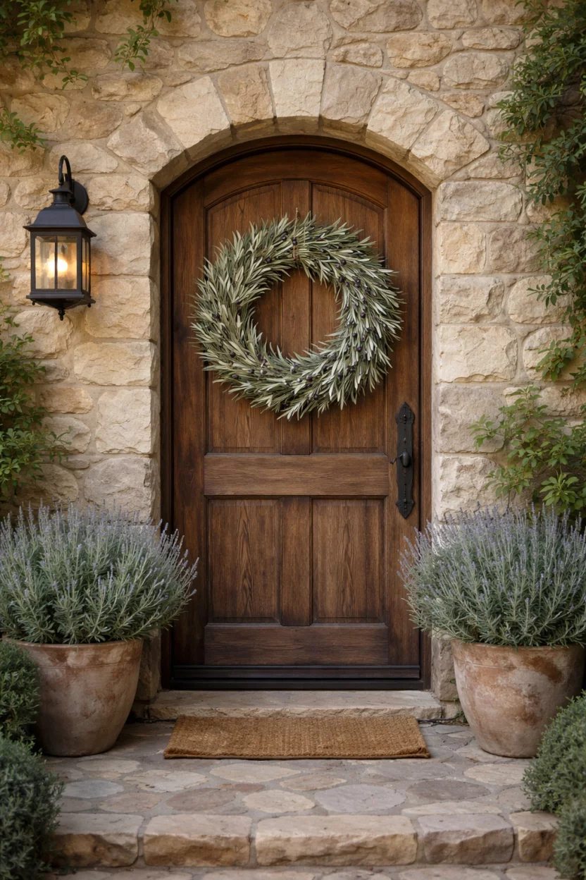 A realistic photo of a stone house entry with a wreath made of silver green olive branches and small dark purple olive fruits.