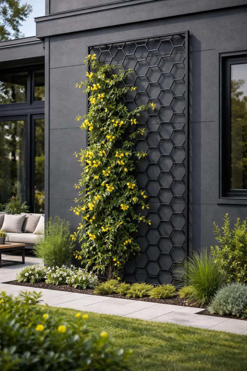 A realistic photo of an American home's backyard featuring a sleek black powder coated steel trellis with a hexagonal pattern, where flowering yellow jasmine vines climb upward against a charcoal gray modern house exterior.