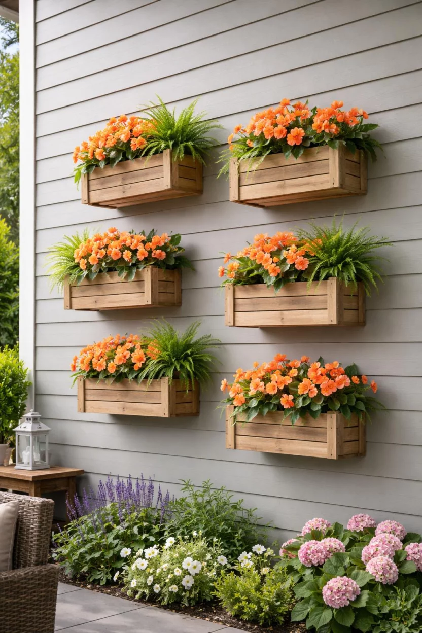 A realistic photo of an American home's backyard featuring six light brown wooden crates screwed into a wall in a staggered pattern, filled with orange begonias and green ferns.