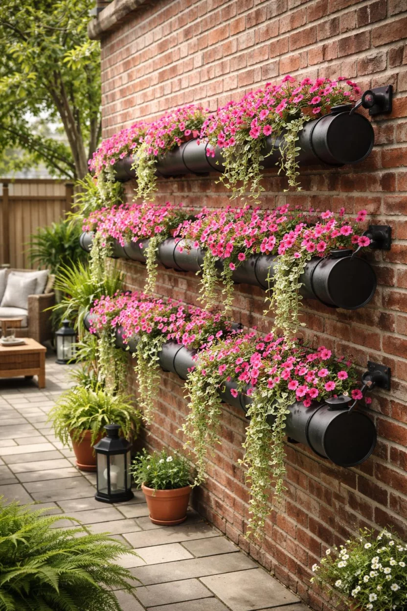 A realistic photo of an American home's backyard featuring several long matte black industrial iron pipes mounted to a brick wall acting as troughs for overflowing bright pink petunias and trailing ivy.