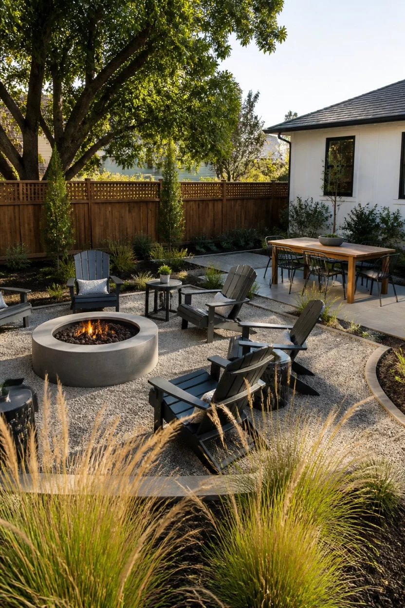 Master the Art of Gravel Landscaping A realistic photo of a multi functional backyard featuring a gravel patio area with a central fire pit, several Adirondack chairs, a separate dining zone with a wooden table, and small garden borders filled with drought resistant ornamental grasses.