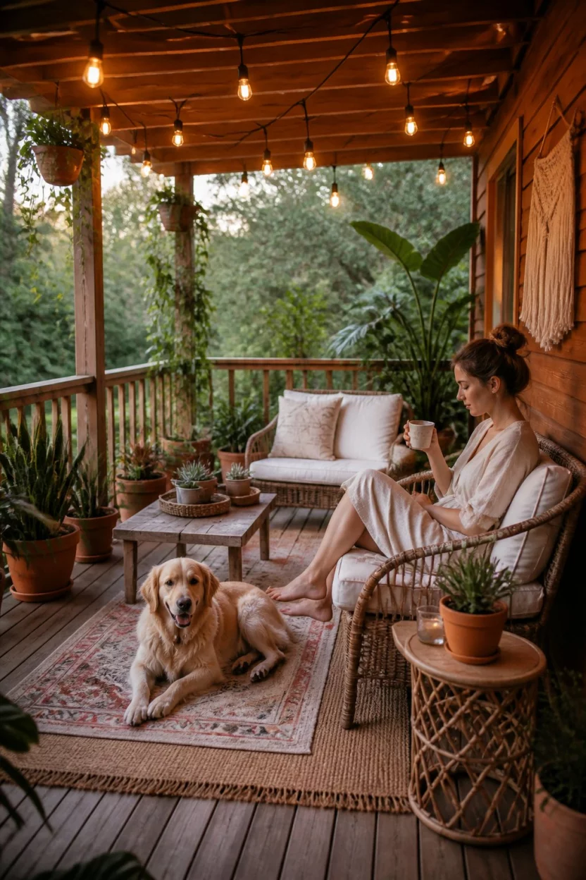 Embrace the Bohemian Deck Life A realistic photo of a cozy wooden deck with bohemian decor, featuring comfortable wicker furniture with white cushions, a friendly dog lounging on a rug, overhead Edison bulbs, and a woman relaxing among many terracotta pots filled with leafy green plants.