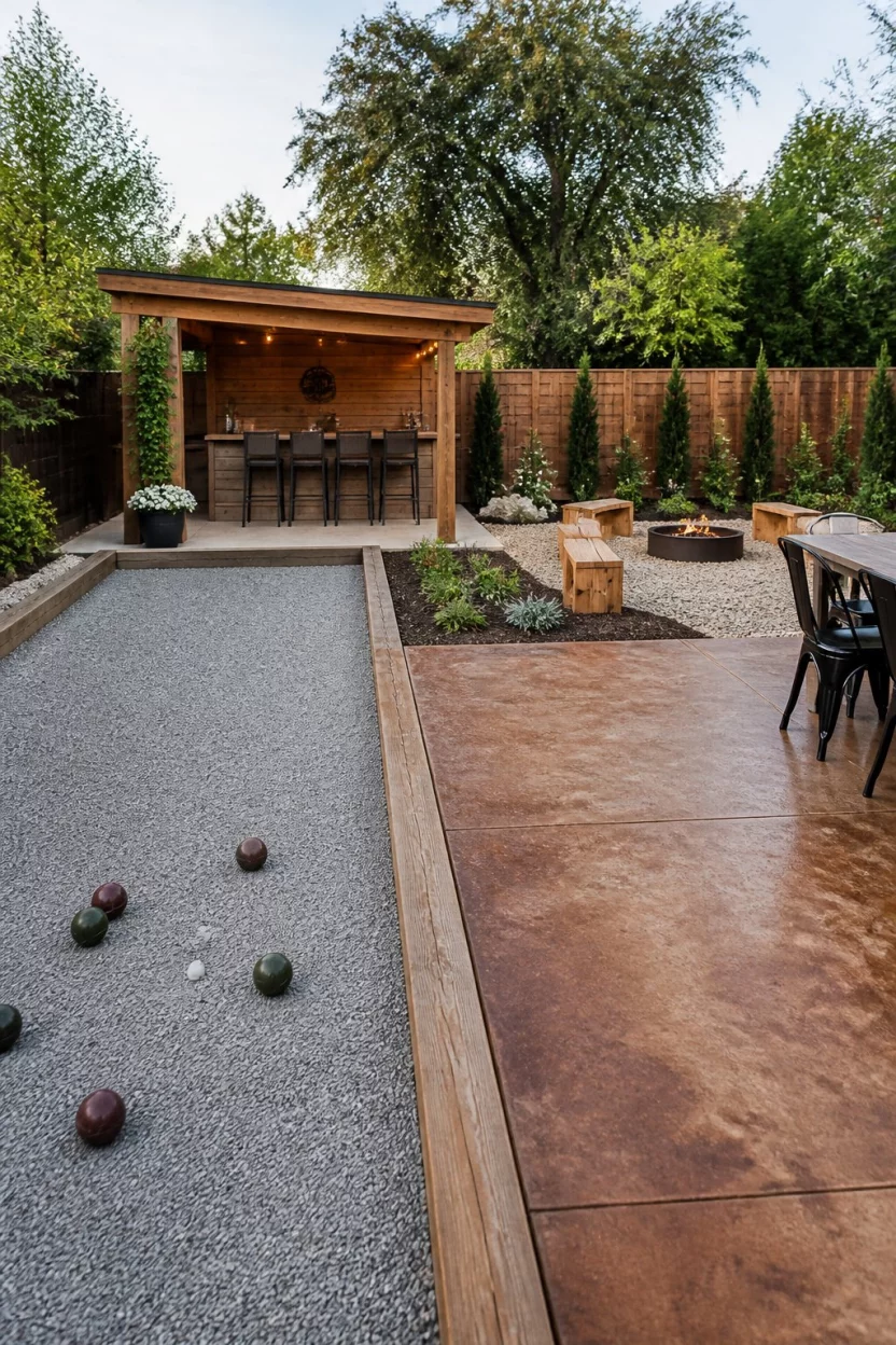 DIY Your Way to a New Backyard A realistic photo of a diverse DIY backyard featuring a small handmade wooden cabana, a crushed gravel bocce ball court, a stained concrete patio section, and a simple fire pit area with wooden benches.