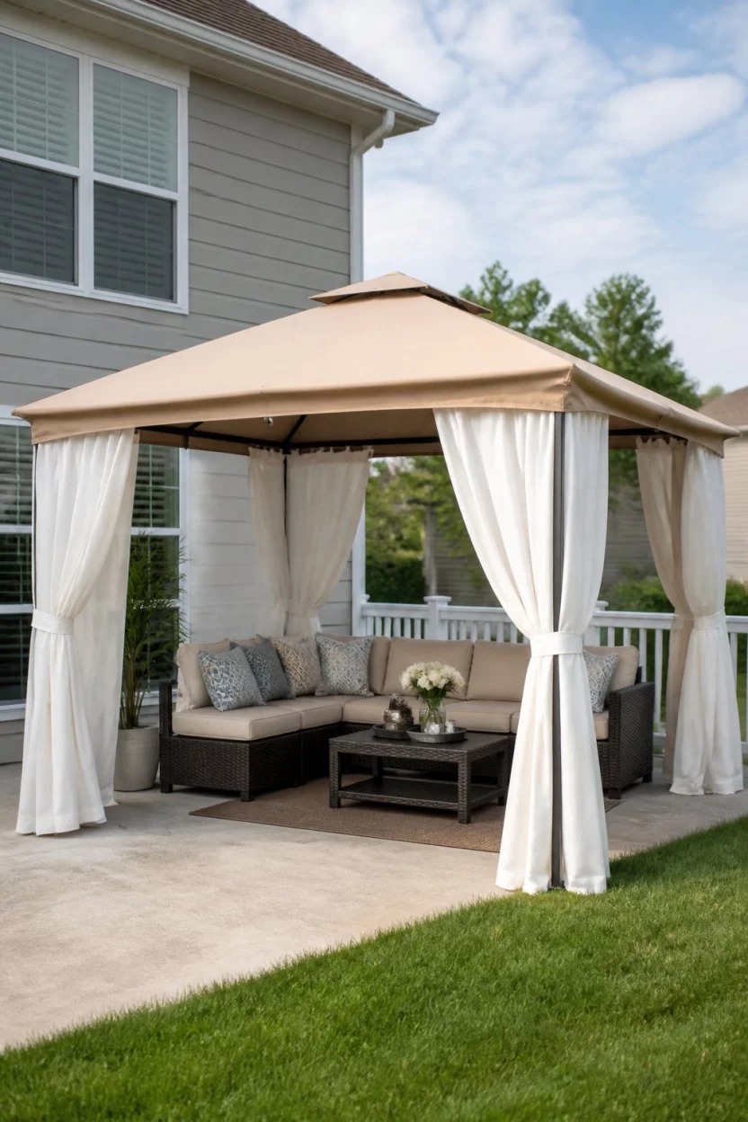 Pop Up a Gazebo for Instant Comfort A realistic photo of a beige pop up canopy gazebo with flowing white privacy curtains, sheltering a comfortable outdoor sofa and coffee table on a concrete patio next to a green lawn and a suburban house.