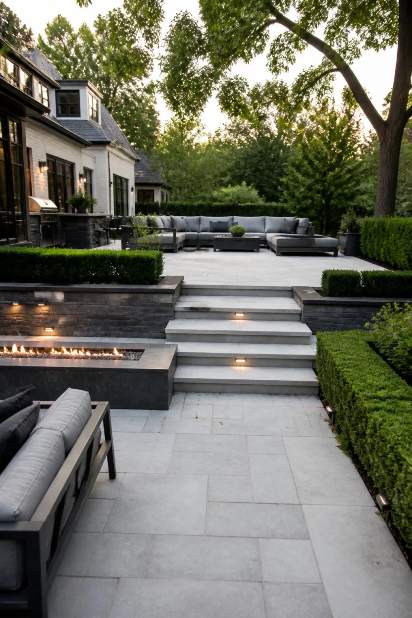 Level Up with Tiered Patios A realistic photo of a landscaped backyard with multiple levels of light gray stone patios connected by wide steps, featuring modern gray seating, a long linear fire pit, and neatly trimmed rectangular hedges.