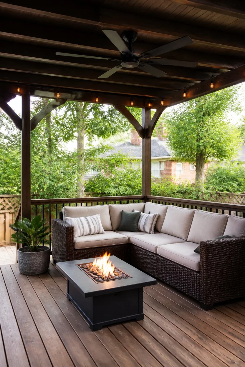 Combine Fans and Fire A realistic photo of a shaded deck area under a dark wood pergola with a large ceiling fan and string lights, featuring a brown woven sectional sofa and a small gas fire pit on the wooden boards.