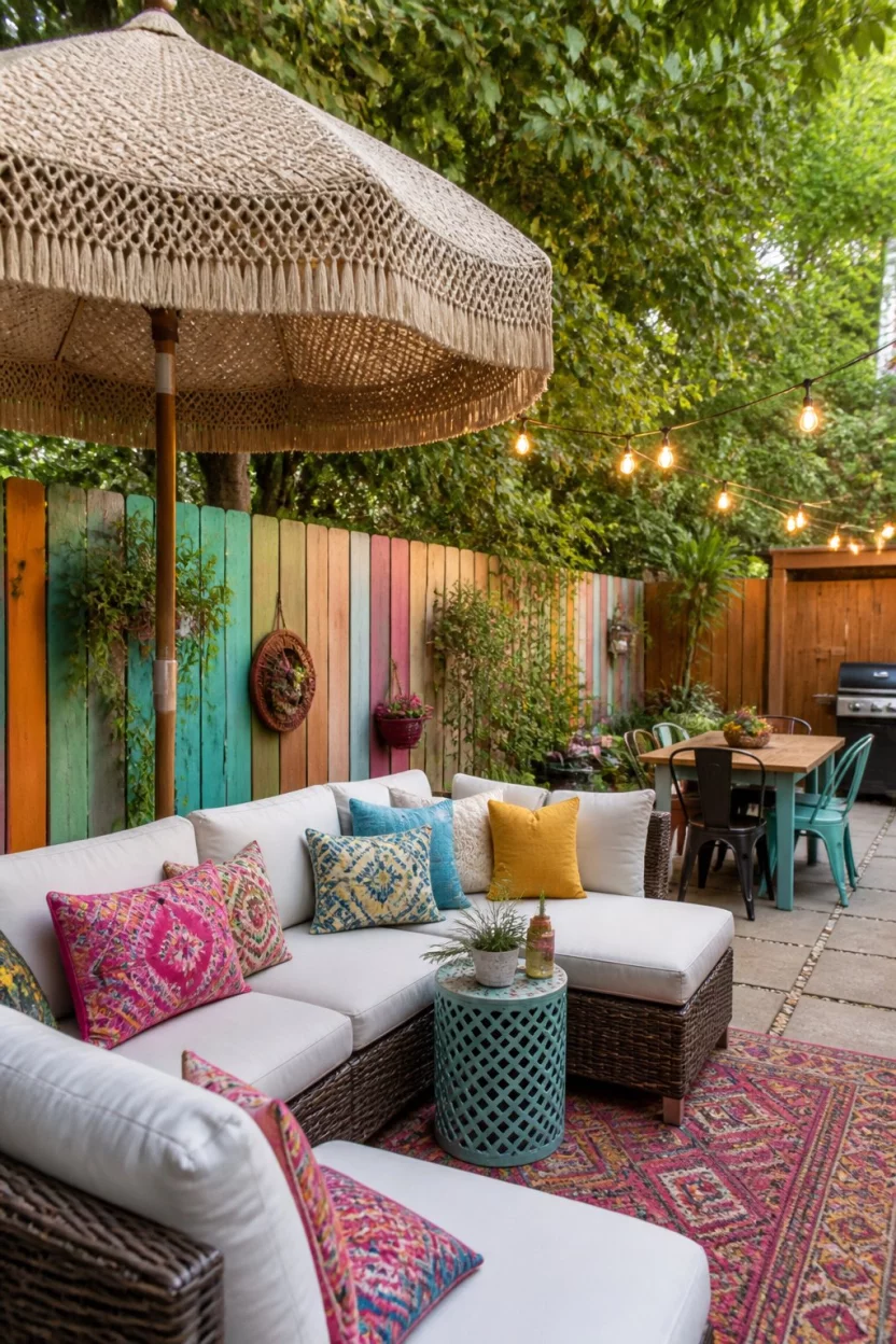 Infuse Color into a Bohemian Oasis A realistic photo of a vibrant bohemian patio with a woven sectional sofa, a large straw beach umbrella, a colorful painted wooden fence, and string lights hanging over a dining area set on square paving stones.