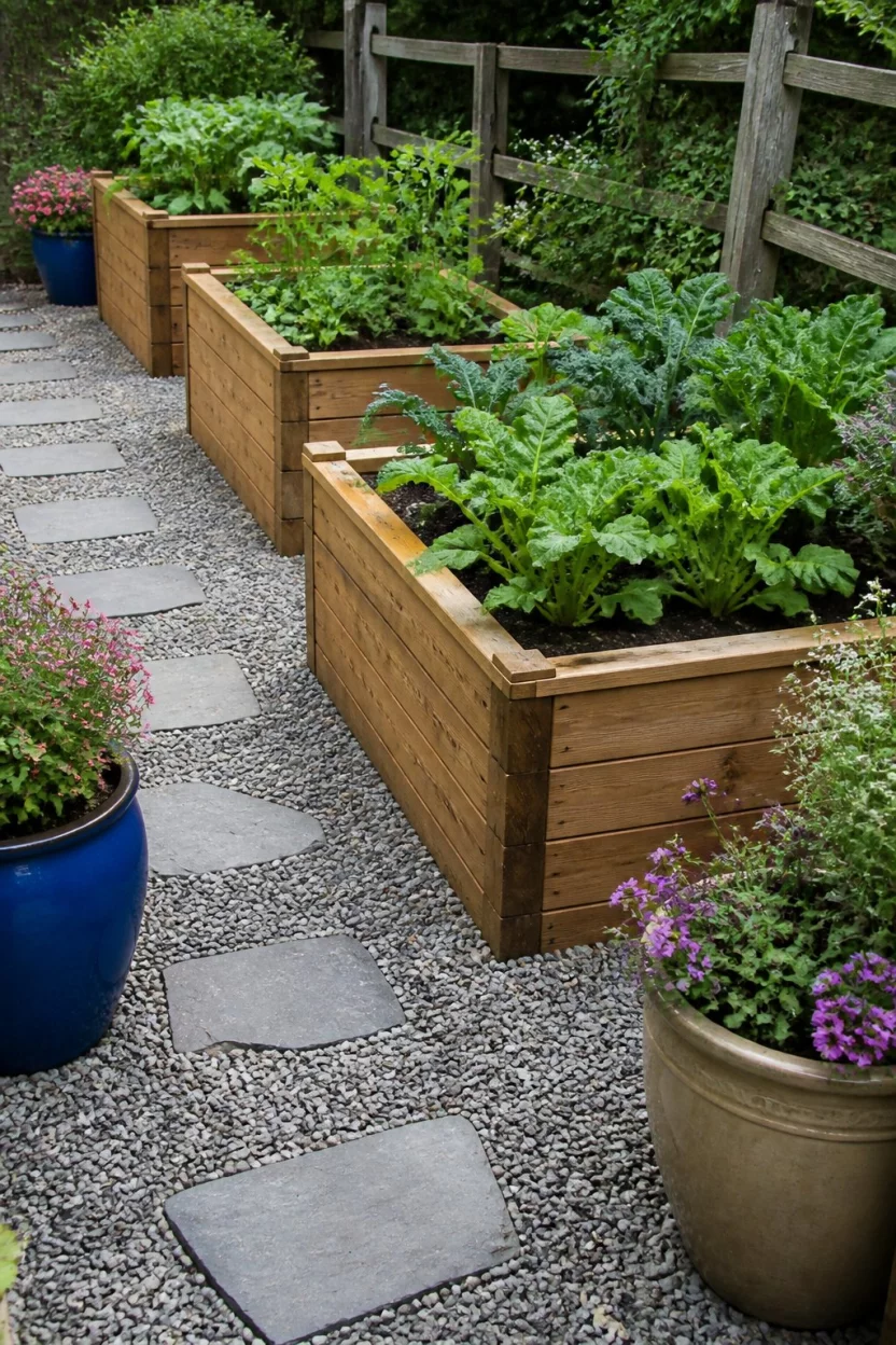 Walk the Path of Raised Garden Beds A realistic photo of a rustic backyard path made of fine gray gravel and stepping stones, leading past several tall wooden raised garden beds overflowing with young vegetable plants and surrounded by large ceramic pots with blooming flowers.