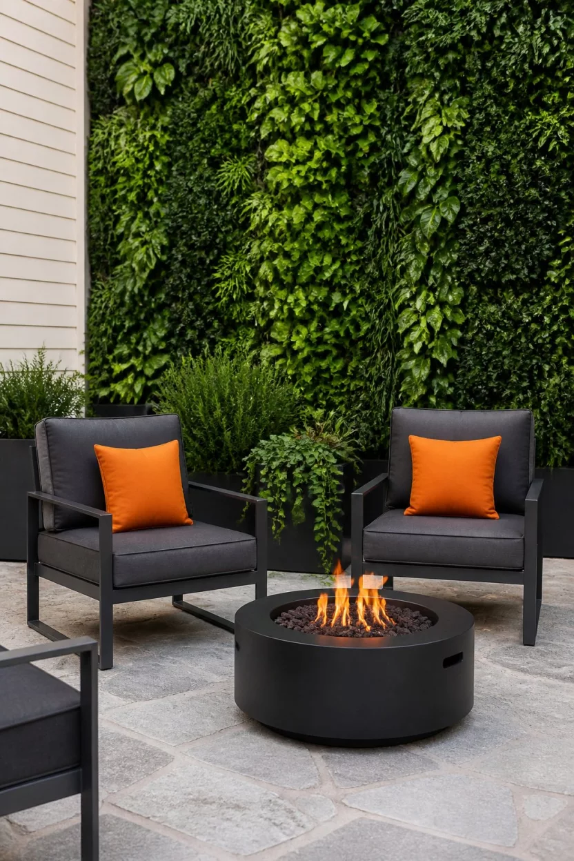 Modernize Small Urban Nooks A realistic photo of a compact modern patio with dark gray outdoor chairs and bright orange throw pillows, a small circular metal fire pit on a stone surface, and a dense wall of vertical greenery acting as a privacy screen.