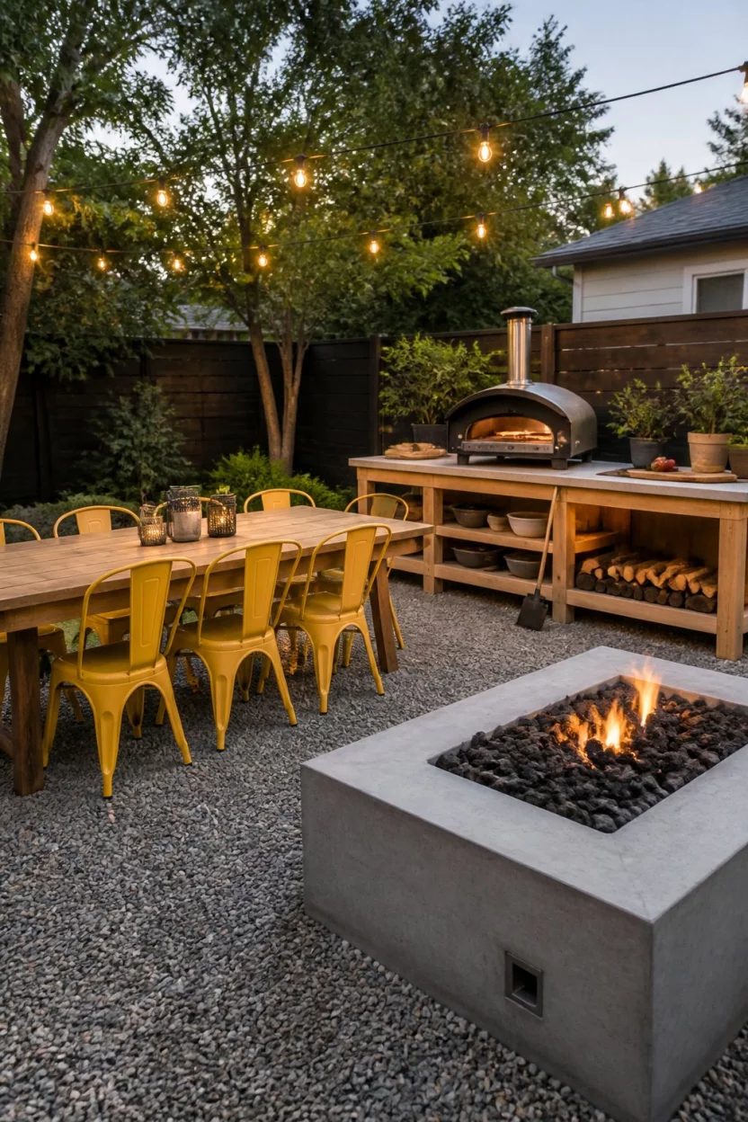 Build a Budget Friendly Pizza Station A realistic photo of a contemporary backyard with a gravel floor, a large concrete fire pit, a wooden dining table with bright yellow metal chairs, and a portable outdoor pizza oven standing on a sturdy wooden prep station under string lights.