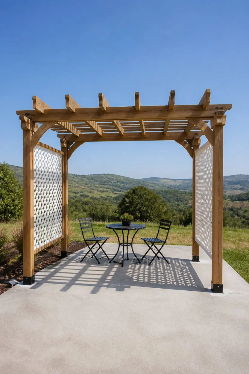 Find Shade Under a Classic Pergola A realistic photo of a simple wooden pergola with white lattice side panels standing on a concrete patio slab, featuring a small black bistro set for two and a background of rolling green hills under a clear blue sky.